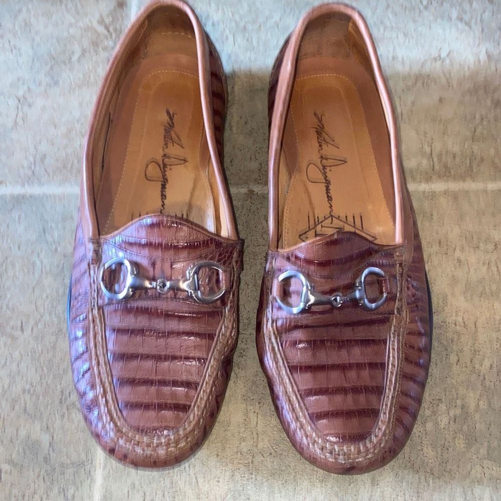 Martin Dingman Mens Brown Leather Alligator Grain Horse bit buckle Driver Loafer - Picture 2 of 10